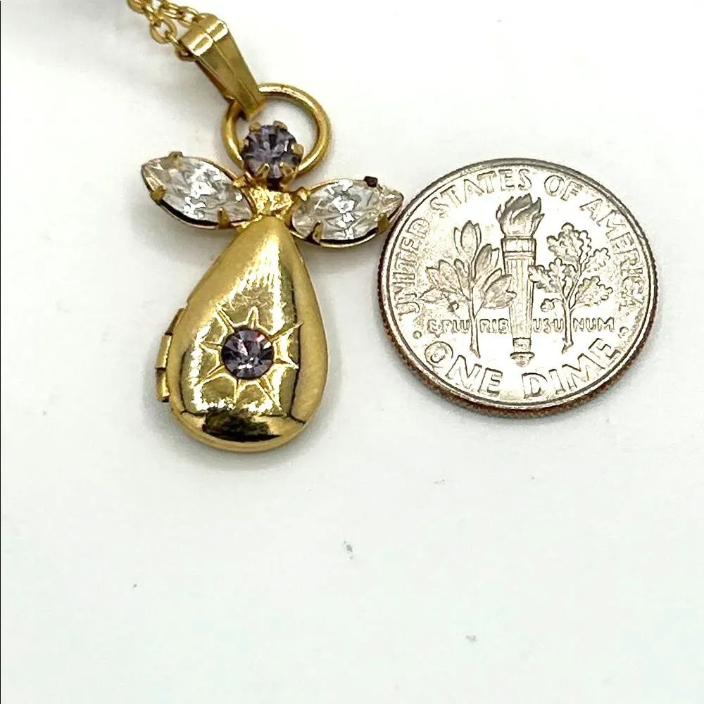 Vintage gold tone angel pendant locket birthstone necklace - purple rhinestone